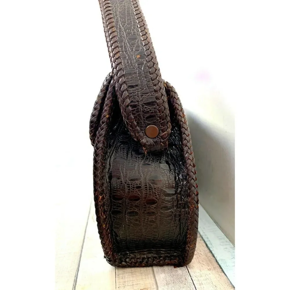TRUE VINTAGE CROCO BROWN GENUINE LEATHER FLAP TURN LOCK HANDBAG PURSE POCKETBOOK